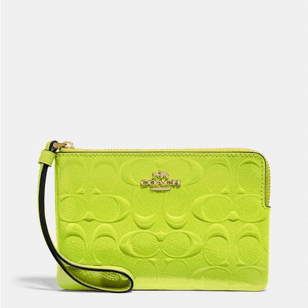 Coach Neon Yellow/Green Clutch Wristlet with Embossed Logo in Patent Leatger